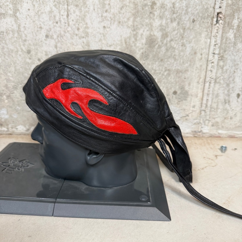 vintage Black Leather Biker Skull Cap Headwrap Red Flame Applique Adjustable Tie